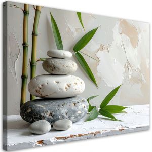 Tableau d&eacute;co Pierres Zen Spa feuilles de bambou en beige 100x70