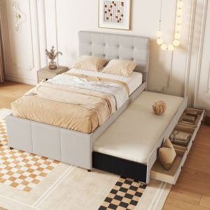 Lit simple 90x200 cm/ 90x190 cm, 2 places, avec 3 tiroirs de rangement, sommier à lattes en bois, Lit enfant capitonné en lin - Beige