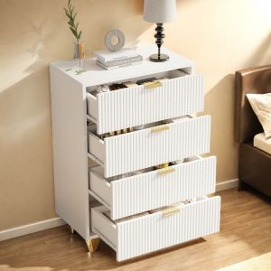 Commode 4 tiroirs blanche 60 cm&ndash;Bois blanc moderne&ndash;Largeur 34 cm&ndash;Hauteur 91 cm&ndash;Id&eacute;ale pour salon ou chambre&ndash;Scandinave&ndash;Poign&eacute;es et pieds en m&eacute;tal