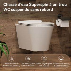 Toilette Suspendu sans Rebord, blanc, avec Siège wc Amovible en , Softclose Abaissement Automatique, Chasse d'eau Profonde Saillie Courte 49 cm, wc