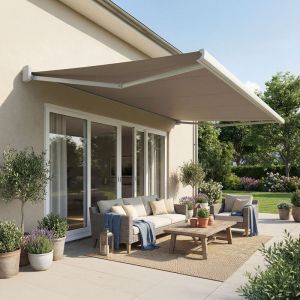 Intersun - Store banne coffre int&eacute;gral soa 5,00x3,50 m (Manuelle - Blanc satin&eacute; RAL9010 - Taupe)