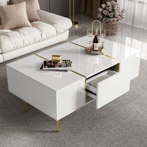 Table basse rectangle 100x60 cm, blanc laqu&eacute; brillant avec 2 tiroirs, table d'appoint de canap&eacute; , MDF et m&eacute;tal dor&eacute;