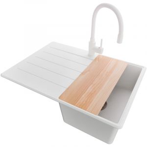 PRIMAGRAN Evier Cuisine en Granit 70x50cm, Lavabo 1 bac + Robinet 38x14cm + Kit de Vidage + Accessoire, &Eacute;vier &agrave; Encastrer au meuble 40cm