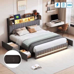 Lit adulte 140x190cm avec 4 tiroirs, Lit double capitonn&eacute; avec &eacute;clairage LED r&eacute;glable, Ports USB et Type C, T&ecirc;te de lit avec rangement, Lin, Gris