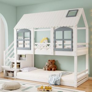 Lit superposé, lit enfant, lit enfant avec toit et fenêtre, avec grille antichute, avec 3 casiers dans l'escalier, nombreux rangements, pin + mdf,