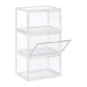 Songmics - Boîtes à Chaussures, Lot de 3, Coffre de Rangement, Empilable, avec Porte, en Plastique Pointure Jusqu'à 46, 36 x 28 x 22 cm, Transparent