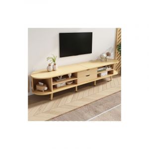 Meuble TV de salon, 60-69 pouces, avec 2 tiroirs, plateau rond en MDF grain de bois, charge 30 kg, 175 x 40 x 42 cm, couleur chêne