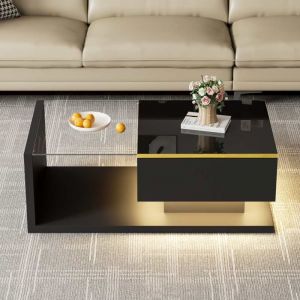 Table basse 90 cm en laque noire brillante avec effet LED, table d'appoint en verre
