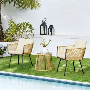 Ensemble Bistro 2 Personnes Salon de Jardin en Osier 3 Pi&egrave;ces avec Fauteuils &agrave; Coussins Table Basse &agrave; Cadre M&eacute;tallique Plateau en Verre Tremp&eacute;