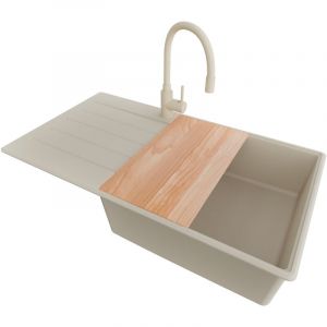 PRIMAGRAN Evier Cuisine en Granit 90x50cm, Lavabo 1 bac + Robinet 38x14cm + Kit de Vidage + Accessoire, Évier à Encastrer au meuble 60cm
