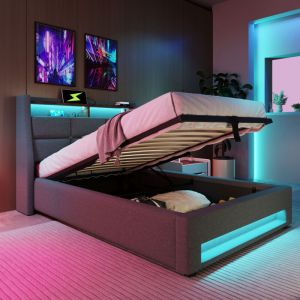 Lit rembourr&eacute; avec USB 90 x 200 cm, lit simple LED avec sommier &agrave; lattes et cadre m&eacute;tallique, gris