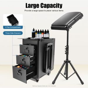 Support de repos noir Mallette &agrave; roulettes pour tatouage Valise de maquillage portable avec accoudoirs pour tatouage Mallette de maquillage avec 4