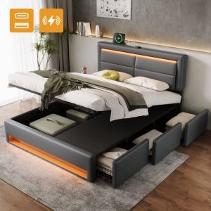Lit coffre 3 tiroirs, lit double led, simili cuir, usb, sans matelas, lit adulte, gris, 140x190cm
