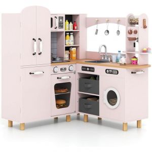 COSTWAY Cuisine Enfant d'angle avec Lumi&egrave;res & Sons & Cafeti&egrave;re, Cuisine en Bois Enfant avec R&eacute;frig&eacute;rateur &agrave; Double Porte & 2 Bacs en Tissu, Pieds en