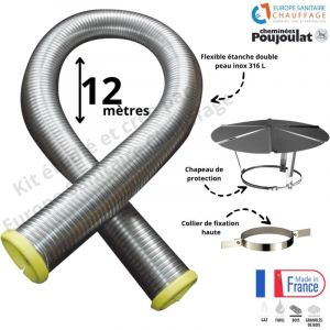 Kit tubage flexible double peau inox diamètre 180 + collier de fixation haute + chapeau Poujoulat 12 mètres