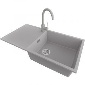 PRIMAGRAN Evier Cuisine en Granit 90x50cm,Lavabo 1 bac + Robinet 32x20cm + Kit de Vidage, Évier à Encastrer au meuble 60cm - Ibiza, Gris