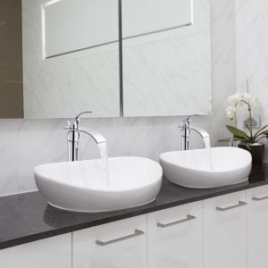 Auralum - Mitigeur Robinet de Lavabo Haute Bec Robinet Cascade 2pcs pour Lavabo et Vasque Salle de Bain Haute Bec Monocommand pour Vasque &agrave; Poser