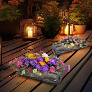 Lampe solaire de d&eacute;coration pour jardini&egrave;re et pot de fleurs pour la maison et le jardin &agrave; l'aspect tronc d'arbre, gris antique, 1x led blanc chaud,