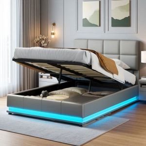 Lit coffre 140x200 - Gris anthracite - M&eacute;canisme hydraulique silencieux - Rangement int&eacute;gr&eacute; - LED 16 couleurs