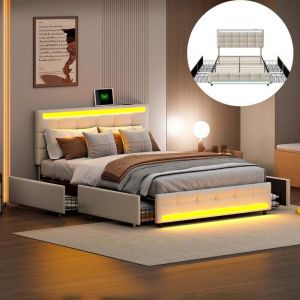 Lit capitonné 140x190 cm, lit double adulte - avec 4 tiroirs, sommier à lattes en bois massif, éclairage led, 2 ports usb, revêtement en lin - Beige