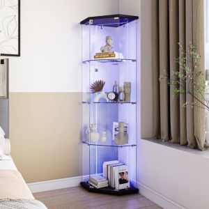 BLANKETSWARM - Vitrine en verre avec LED, 162x60x45cm Vitrine pour collection avec portes en verre, Vitrine salon avec 4 &eacute;tag&egrave;res, Meuble vitrine