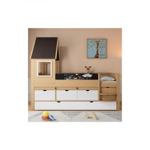 Lit superposé, 90x200/190cm, lit simple enfant, lit cabane avec tiroirs, lit gigogne, table gigogne et grand espace de rangement, en bois de pin,