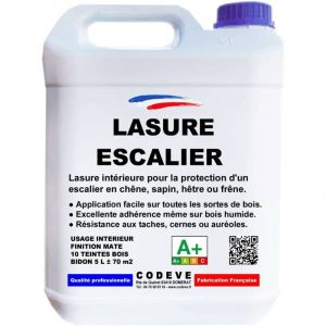 Lasure Escalier - 4x5 L - Codeve Bois - Pin orégon - Pour La Protection D'un Escalier En Chêne, Sapin, Hêtre Ou Frêne.