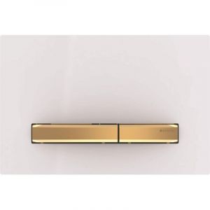 Plaque de commande double Geberit Sigma50, carr&eacute;e, laiton m&eacute;tallique : plaque de base et bouton : laiton, plaque de recouvrement : blanche