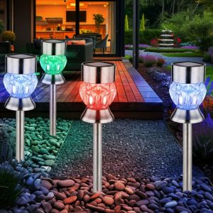 Lampe d'ext&eacute;rieur lampe solaire d&eacute;coration de jardin rgb cristaux de verre &agrave; couleur changeante lampe enfichable, acier inoxydable plastique noir,