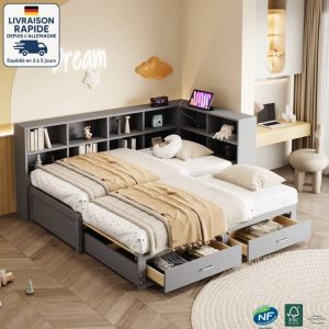 Lit superposé enfant 90/180x190cm -Lit gigogne - Avec lit gigogne, compartiment de rangement, prise européenne multifonctionnelle - Bois Certifié