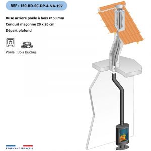 Kit tubage et raccordement poele a bois, buse diam. 150mm sortie dessus-Flexible L. 4m pour boisseau carre, depart plafond-Raccordement devoye, L.