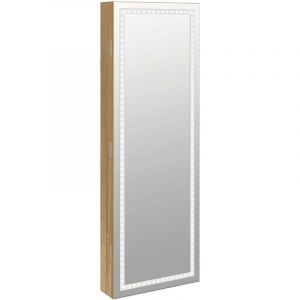 Armoire &agrave; bijoux meuble rangement organisateur chambre vestiaire salle de bain avec miroir et &eacute;clairage LED mural marron