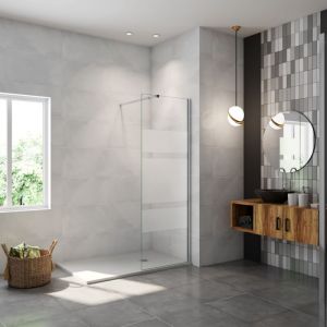 Paroi de douche &agrave; l'italienne 140x190cm en 6mm verre avec trois bandes horizontales s&eacute;rigraphi&eacute;es, livr&eacute; avec barre de fixation 73-120cm en carr&eacute;