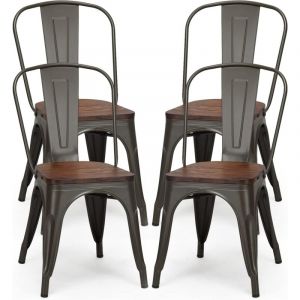 Relax4life - Lot de 4 Chaise de Salle à Manger Empliable avec Dossier Amovible, Chaise Industrielle Tolix avec Siège 45 cm en Bois d'Orme Massif &