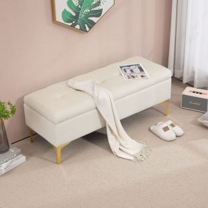 Bout de lit Coffre Cach&eacute; Rembourr&eacute; moderne 120x44x44.5cm Multifonction Pouf Tissu pour Salon Chambre Meuble Entr&eacute;e Meuble Chaussures Beige