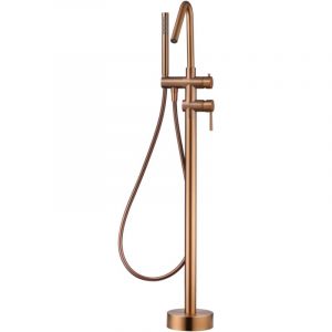 IMEX robinet de baignoire et douche au sol en acier et laiton finition or rose avec cartouche ceramique &Oslash;35mm et tube flexible PVC modele CORCEGA