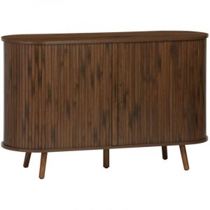 Buffet scandinave 2 portes coulissantes. 4 compartiments. effet bois rainuré. couleur noyer. buffet bas. l 120 x p 40 x h 75cm