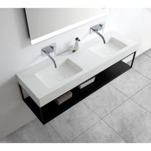 Double Vasque murale suspendue design en fonte minérale pour salle de bain avec bonde et trop plein - 153x45x12 cm - BA8015 - couleur et console