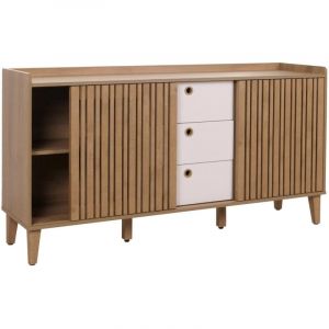 HHG - jamais utilisé] Sideboard 417, commode, porte coulissante compartiment de rangement, mdf 81x150x40cm, naturel, tiroirs blancs