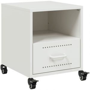 D&eacute;coshop26 - Table de chevet sur roulettes avec tiroir et &eacute;tag&egrave;re 36 x 39 x 43,5 cm acier blanc DEC033305