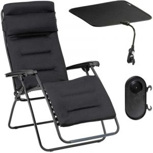 Ensemble Fauteuil Relax Jardin - Chaise Longue Matelassé Avec Ombrelle Et Porte-gobelet - Rsx Clip - Aircomfort® - Noir Acier -