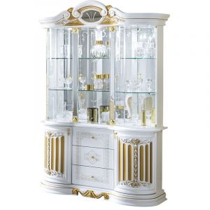 Vitrine 6 portes 3 tiroirs bois vernis laqu&eacute; brillant blanc et dor&eacute; Lesly 139cm
