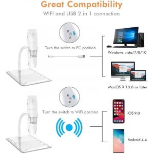 Microscope Numérique WiFi, Mini Microscope Grossissant 50x -1000x, 1080P hd 2.0MP 8 led usb Microscope Numérique Portable Compatible avec Android