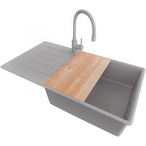 PRIMAGRAN Evier Cuisine en Granit 90x50cm, Lavabo 1 bac + Robinet 38x14cm + Kit de Vidage + Accessoire, Évier à Encastrer au meuble 60cm