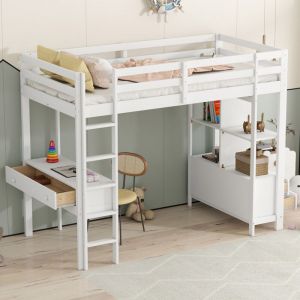 Lit mezzanine avec bureau, lit mezzanine enfant 90x200 cm avec étagères et tiroirs, cadre de lit en pin, blanc