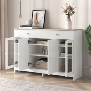 Buffet 120x37x80cm avec 2 tiroirs 4 portes, commode, meuble de cuisine, plateau couleur naturelle, mdf + verre, blanc