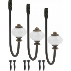 Linghhang - lot de 3 patère antique, patère, crochet à chapeau, crochet en fer avec tête en céramique et couronne en laiton - style campagnard vintage