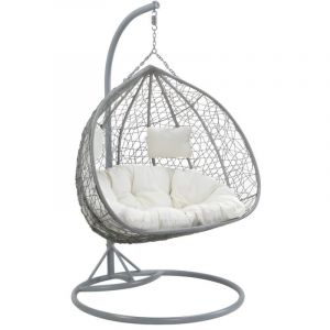 Fauteuil suspendu 2 places en r&eacute;sine tress&eacute;e - Gris avec coussins blancs - CAYAMBE de MYLIA