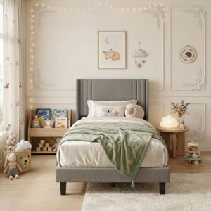 Lit Simple enfant 90x190 cm, tissu en lin, t&ecirc;te de lit c&ocirc;tel&eacute;e, lattes en bois et cadre en m&eacute;tal, style scandinave, Gris