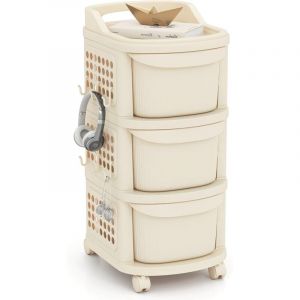 COSTWAY Chariot de Rangement &agrave; roulettes &agrave; 3 Tiroirs, 6 Crochets et Panneau Perfor&eacute;, Chariot de Service en PP avec Poign&eacute;e, Desserte &agrave; roulettes pour